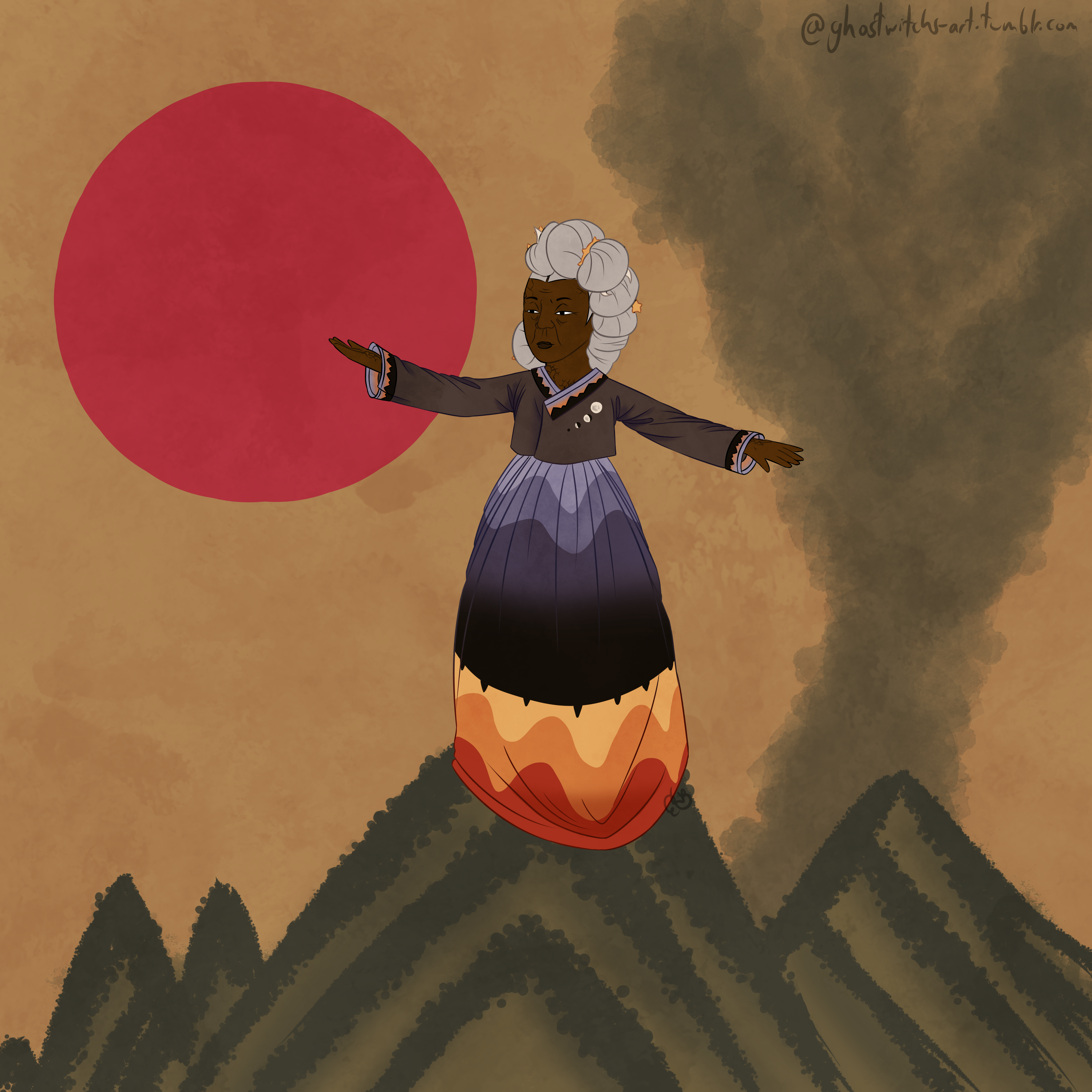 A painting of Ji-Won mimicking traditional Korean painting styles. She is standing on a mountain with one hand raised to the sun and facing down to a smoking volcano.